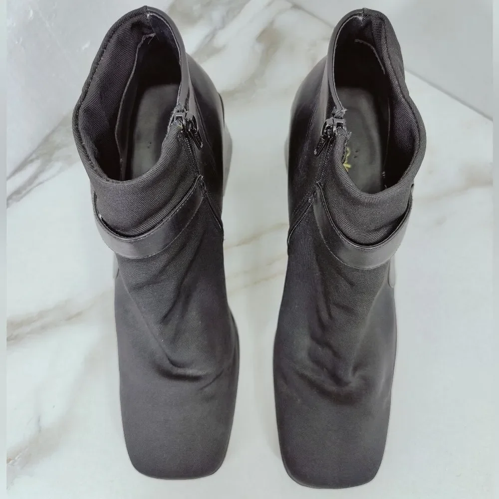 St. John's Bay Bailey Black Leather Fabric Chunky Heel Ankle Boots, Sz 11